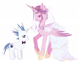 Size: 2048x1625 | Tagged: safe, artist:blue_riajii, princess cadance, shining armor, alicorn, pony, unicorn, g4, 2024, alternate hairstyle, bowtie, clothes, dress, duo, duo male and female, female, folded wings, height difference, hoof shoes, horn, horn jewelry, jewelry, larger female, lidded eyes, male, mare, messy mane, messy tail, physique difference, princess shoes, raised hoof, redraw, ship:shiningcadance, shipping, simple background, size difference, slender, smaller male, stallion, straight, tail, tall, the bride and the ugly ass groom, thin, toy interpretation, unshorn fetlocks, wedding dress, wedding veil, white background, wings