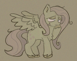 Size: 924x739 | Tagged: safe, artist:clandestine, derpibooru exclusive, fluttershy, pegasus, pony, g4, chest fluff, colored pinnae, desaturated, ear fluff, lidded eyes, nervous, pink mane, pink tail, solo, standing, tail, unshorn fetlocks, wings