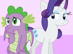 Size: 872x650 | Tagged: safe, artist:cmara, rarity, spike, dragon, pony, unicorn, g4, duo, female, horn, male