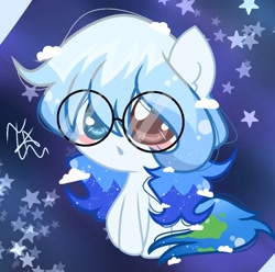 Size: 1068x1060 | Tagged: safe, oc, oc:altersmay earth, pegasus, pony, accessory, chibi, cute, earthbetes, glasses, heterochromia, planet ponies, ponified, round glasses, signature, sitting, solo, stars