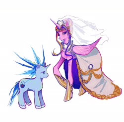 Size: 2048x2004 | Tagged: safe, artist:chuuchuusuki, princess cadance, shining armor, alicorn, pony, unicorn, g4, 2024, alternate hairstyle, bags under eyes, clothes, dress, duo, duo male and female, female, folded wings, height difference, hoof shoes, horn, infection au, larger female, lidded eyes, male, mare, messy mane, physique difference, princess shoes, raised hoof, redraw, ship:shiningcadance, shipping, simple background, size difference, slender, smaller male, stallion, straight, tail, tall, the bride and the ugly ass groom, thin, toy interpretation, unshorn fetlocks, wedding dress, wedding veil, white background, wings