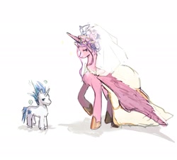 Size: 2048x1853 | Tagged: safe, artist:fizzbitet, princess cadance, shining armor, alicorn, pony, unicorn, g4, 2024, alternate hairstyle, clothes, dress, duo, duo male and female, female, height difference, hoof shoes, horn, larger female, male, mare, messy mane, princess shoes, raised hoof, redraw, ship:shiningcadance, shipping, simple background, size difference, smaller male, smiling, sparkles, stallion, stink lines, straight, swirls, tail, the bride and the ugly ass groom, toy interpretation, unshorn fetlocks, wedding dress, wedding veil, white background, wings