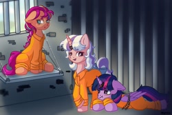 Size: 2048x1369 | Tagged: safe, artist:peachmytto, sunny starscout, twilight, twilight sparkle, alicorn, earth pony, pony, g1, g5, bound wings, clothes, commissioner:rainbowdash69, female, jail, jail cell, jumpsuit, mare, never doubt rainbowdash69's involvement, prison, prison cell, prison outfit, prisoner ss, prisoner ts, sitting, sunny and her heroine, trio, twilight sparkle (alicorn), wings