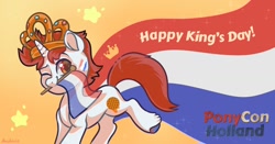 Size: 1200x628 | Tagged: safe, artist:ponyconholland, oc, oc only, oc:stroopwafeltje, pony, crown, flag, gradient background, jewelry, monarchy, nation ponies, netherlands, patriotic, patriotism, ponified, ponycon holland, regalia, solo