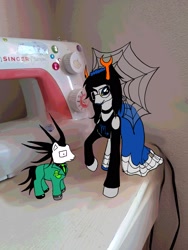 Size: 1536x2048 | Tagged: safe, artist:franticbegetter, edit, earth pony, pony, blue lipstick, clothes, draw over, dress, duo, duo male and female, edited photo, female, glasses, height difference, homestuck, john egbert, larger female, lipstick, male, mare, meme, messy mane, necktie, photo, ponified, raised hoof, redraw, sewing machine, shipping, size difference, smaller male, stallion, straight, suit, tail, the bride and the ugly ass groom, vriska serket