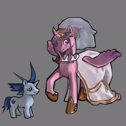 Size: 2048x2048 | Tagged: safe, artist:mephistuff, princess cadance, shining armor, alicorn, pony, unicorn, g4, 2024, alternate hairstyle, clothes, dress, duo, duo male and female, female, gray background, height difference, hoof shoes, horn, horn ring, larger female, male, mare, messy mane, princess shoes, raised hoof, redraw, ring, ship:shiningcadance, shipping, simple background, size difference, smaller male, smiling, stallion, straight, tail, the bride and the ugly ass groom, toy interpretation, wedding dress, wedding veil, wings