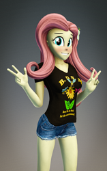 Size: 1080x1722 | Tagged: safe, artist:sfmaniaceq, derpibooru exclusive, fluttershy, human, equestria girls, g4, 3d, blushing, clothes, gradient background, looking at you, shirt, shorts, smiling, solo, source filmmaker