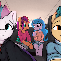 Size: 4000x4000 | Tagged: safe, alternate version, artist:potato22, hitch trailblazer, izzy moonbow, sunny starscout, zipp storm, earth pony, pegasus, unicorn, semi-anthro, g5, absurd resolution, car, eye clipping through hair, eyebrows, eyebrows visible through hair, female, horn, looking at something, male, mane stripe sunny, mare, open mouth, open smile, phone, smiling, stallion, teeth
