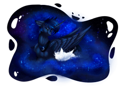 Size: 3500x2500 | Tagged: safe, artist:starmoonlightfox, princess luna, oc, alicorn, pony, g4, beautiful, blue eyes, blue mane, blue tail, commission, digital art, duo, duo female, ethereal mane, ethereal tail, eyeshadow, feather, female, filly, flowing mane, flowing tail, foal, folded wings, frown, high res, hoof shoes, horn, lonely, looking down, lying down, makeup, mare, moon, night, sad, simple background, sleeping, solo, sparkles, starry mane, starry tail, stars, tail, transparent background, unamused, wings