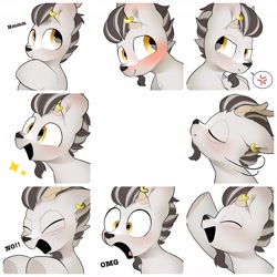 Size: 4096x4096 | Tagged: safe, artist:mochi_nation, oc, oc only, goat, blushing, bust, commission, cross-popping veins, ear piercing, earring, emanata, expressions, eyes closed, goat oc, jewelry, male, open mouth, open smile, pictogram, piercing, smiling, solo, sparkles