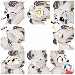 Size: 4096x4096 | Tagged: safe, artist:mochi_nation, oc, oc only, goat, bust, commission, crying, drink, drinking, drinking straw, ear piercing, earring, expressions, eye shimmer, eyes closed, goat oc, jewelry, male, open mouth, open smile, piercing, smiling, solo, sparkles, squishy cheeks, tongue out, yawn