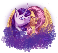 Size: 2182x2000 | Tagged: safe, artist:starmoonlightfox, fluttershy, rarity, pegasus, pony, unicorn, g4, blue mane, blushing, bust, curved horn, digital art, duo, duo female, ethereal mane, eyes closed, eyeshadow, feather, female, folded wings, happy, high res, horn, kissing, lesbian, lidded eyes, looking at each other, looking at someone, makeup, mare, one eye closed, pink mane, portrait, requested art, ship:flarity, shipping, signature, simple background, smiling, smiling at each other, sparkles, speedpaint, starry mane, starry tail, stars, tail, transparent background, wings
