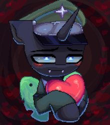 Size: 1690x1920 | Tagged: safe, artist:opal_radiance, oc, oc only, changeling, blushing, changeling oc, changeling wings, clothes, commission, ears back, fangs, floppy ears, hat, heart, horn, lidded eyes, looking at you, pixel art, solo, wings, ych result