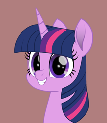 Size: 496x566 | Tagged: safe, artist:k. dale, twilight sparkle, pony, unicorn, g4, bust, female, gray background, grin, horn, mare, movie accurate, portrait, simple background, smiling, solo, unicorn twilight