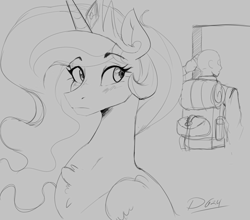 Size: 3300x2900 | Tagged: safe, artist:thelunarmoon, princess celestia, oc, oc:anon, alicorn, human, pony, bust, chest fluff, duo, duo male and female, ethereal mane, female, folded wings, gray background, grayscale, high res, human male, looking back, male, mare, monochrome, simple background, sketch, slender, thin, wings