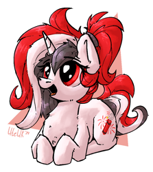 Size: 806x902 | Tagged: safe, artist:uteuk, oc, oc only, oc:red rocket, pony, unicorn, eyes open, happy, horn, lying down, ponyloaf, prone, red eyes, simple background, solo, white background