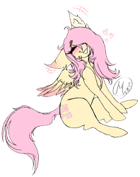 Size: 694x875 | Tagged: safe, artist:momma-fleur, fluttershy, pegasus, g4, blushing, cute, ear fluff, floppy ears, happy, shyabetes, signature, simple background, sitting, smiling, solo, transparent background