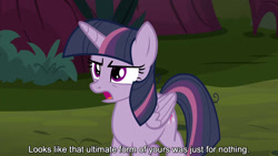Size: 1280x720 | Tagged: safe, edit, edited screencap, editor:jaredking779, screencap, mean twilight sparkle, alicorn, pony, g4, season 8, the mean 6, caption, clone, female, folded wings, mare, open mouth, solo, text, wings