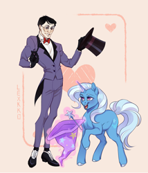 Size: 2737x3200 | Tagged: safe, artist:lexkko, trixie, human, pony, unicorn, g4, clothes, crossover, don't starve together, duo, female, glowing, glowing horn, hat, heart, horn, looking at each other, looking at someone, magic, magic wand, magician, male, mare, maxwell, open mouth, open smile, playing card, smiling, telekinesis, trixie's hat