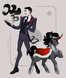 Size: 2737x3200 | Tagged: safe, artist:lexkko, king sombra, human, pony, umbrum, unicorn, g4, book, dark magic, don't starve together, duo, duo male, evil smile, grin, horn, looking at each other, looking at someone, magic, male, maxwell, playing card, smiling, spade, stallion