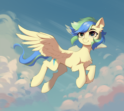 Size: 3258x2919 | Tagged: safe, artist:770418gyygy, oc, oc only, oc:hcl, pegasus, pony, cloud, concave belly, flying, gift art, pegasus oc, sky, solo