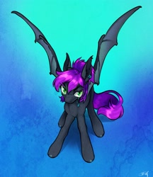 Size: 2613x3020 | Tagged: safe, artist:opalacorn, oc, oc only, bat pony, pony, abstract background, bat pony oc, commission, female, gradient background, looking at you, mare, solo, spread wings, wings
