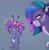 Size: 1240x1271 | Tagged: safe, artist:maxi_ponie, allura, twitch (g5), big cat, leopard, rabbit, snow leopard, bunnisi beauties, g5, my little pony: tell your tale, spoiler:g5, spoiler:my little pony: tell your tale, spoiler:tyts02e08, allura is not amused, animal, bipedal, countershading, duo, duo male and female, female, gray background, helix piercing, male, simple background, torn ear, twitchbetes, unamused, wig