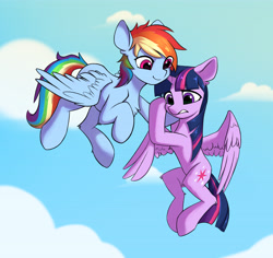 Size: 5022x4744 | Tagged: safe, artist:770418gyygy, rainbow dash, twilight sparkle, alicorn, pegasus, pony, g4, absurd resolution, chest fluff, cloud, duo, duo female, eye clipping through hair, female, first flight, flying, flying lesson, holding on, horn, leg fluff, lesbian, mare, nervous, outdoors, scared, ship:twidash, shipping, sky, smiling, teeth, twilight sparkle (alicorn), wings