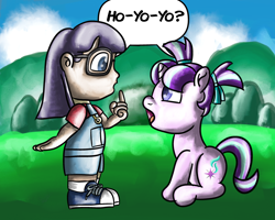 Size: 3000x2400 | Tagged: safe, artist:saburodaimando, starlight glimmer, gynoid, human, pony, robot, unicorn, g4, akira toriyama, anime, clothes, converse, crossover, dialogue, dr. slump, duo, duo female, female, filly, filly starlight glimmer, glasses, high res, horn, in memoriam, looking at each other, looking at someone, norimaki arale, open mouth, overall shorts, pigtails, raised finger, rest in peace, shirt, shoes, sitting, sneakers, socks, speech bubble, standing, tribute, younger