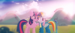 Size: 2400x1080 | Tagged: safe, artist:lumo_xu, rainbow dash, twilight sparkle, pegasus, pony, unicorn, g4, clothes, duo, duo female, eye contact, female, folded wings, horn, hug, lesbian, looking at each other, looking at someone, mare, outdoors, ship:twidash, shipping, smiling, smiling at each other, unicorn twilight, uniform, wings, wonderbolts uniform