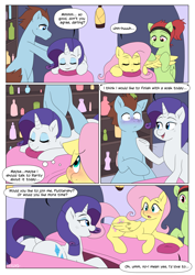 Size: 2894x4093 | Tagged: safe, artist:auroramint, artist:shoelace, part of a set, fluttershy, rarity, pegasus, pony, unicorn, comic:rarity's delight, g4, bipedal, butt, comic, commission, dock, female, horn, imminent vore, mare, massage, plot, spa, tail, this will end in vore