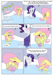 Size: 2894x4093 | Tagged: safe, artist:auroramint, artist:shoelace, part of a set, fluttershy, rarity, pegasus, pony, unicorn, comic:rarity's delight, g4, blushing, comic, commission, embarrassed, female, horn, imminent vore, implied vore, mare, stomach noise, this will end in vore