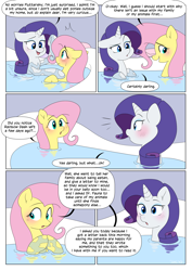 Size: 2894x4093 | Tagged: safe, artist:auroramint, artist:shoelace, part of a set, fluttershy, rarity, pegasus, pony, unicorn, comic:rarity's delight, g4, blushing, comic, commission, embarrassed, female, horn, imminent vore, implied vore, mare, this will end in vore