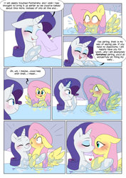 Size: 2894x4093 | Tagged: safe, artist:auroramint, artist:shoelace, part of a set, fluttershy, rarity, pegasus, pony, unicorn, comic:rarity's delight, g4, blushing, comic, commission, embarrassed, female, horn, hug, imminent sex, implied vore, kissing, magic, mare, spread wings, telekinesis, this will end in vore, wingboner, wings