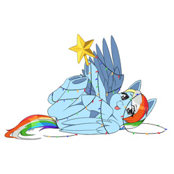 Size: 2000x2000 | Tagged: safe, artist:erein, oc, oc only, oc:azure, pegasus, pony, christmas, christmas lights, christmas star, colored, commission, cute, ears up, female, flat colors, garland, gray eyes, happy, high res, holiday, lying down, mare, multicolored hair, not rainbow dash, on back, open mouth, open smile, parents:canon x oc, pegasus oc, simple background, smiling, solo, stars, tangled up, underhoof, white background, wings