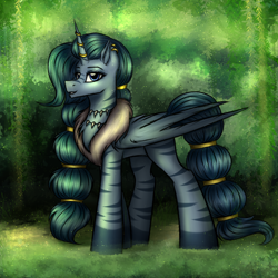 Size: 3000x3000 | Tagged: safe, artist:darklight1315, idw, queen parabola, alicorn, zebra, zebra alicorn, zebracorn, chest fluff, ear fluff, ear piercing, earring, female, forest, horn, horn ring, jewelry, jungle, mare, nature, piercing, ring, solo, tree