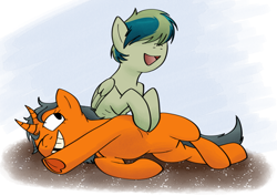 Size: 2397x1701 | Tagged: safe, artist:wolftendragon, oc, oc only, pegasus, pony, unicorn, fallout equestria, belly, colt, concave belly, fallout, female, filly, foal, grin, hair covering face, hair over eyes, happy, horn, kids, lying down, male, male and female, mcbrude family, missing teeth, multiple horns, mutation, offspring, one eye closed, open mouth, open smile, pegasus oc, product of incest, ribs, siblings, smiling, underhoof, unicorn oc