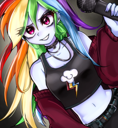 Size: 1600x1734 | Tagged: safe, artist:pulse, rainbow dash, human, equestria girls, g4, bare shoulders, belly button, choker, clothes, cutie mark on clothes, ear piercing, eye clipping through hair, eyebrows, eyebrows visible through hair, female, grin, microphone, midriff, piercing, rainbow punk, smiling, solo