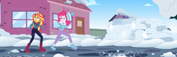 Size: 3338x1080 | Tagged: safe, composite screencap, edit, edited screencap, screencap, pinkie pie, sunset shimmer, human, equestria girls, equestria girls specials, g4, my little pony equestria girls: better together, my little pony equestria girls: holidays unwrapped, saving pinkie's pie, clothes, coat, hat, pants, snow, souffle, toque, winter, winter outfit