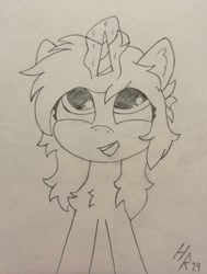 Size: 2793x3700 | Tagged: safe, artist:hardrock, oc, oc only, oc:kate, pony, unicorn, horn, looking up, magic, open mouth, solo, traditional art