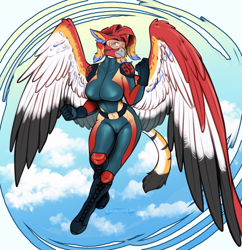 Size: 3482x3600 | Tagged: safe, artist:blackblood-queen, oc, oc only, oc:nalani kameāloha, griffon, anthro, digitigrade anthro, anthro oc, boots, breasts, clothes, commission, digital art, female, flying, gloves, griffon oc, racer, racing suit, shoes, slit pupils, smiling, solo, visor