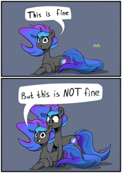 Size: 1240x1754 | Tagged: oc name needed, safe, artist:la hum, oc, oc only, pony, unicorn, 2 panel comic, biting, comic, duo, ear bite, female, horn, lying down, nervous sweat, not luna, open mouth, open smile, prone, self paradox, self ponidox, smiling, speech bubble, this is fine, this is not fine