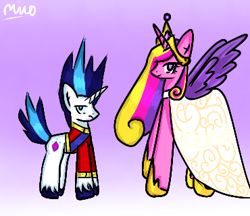 Size: 370x320 | Tagged: safe, anonymous artist, princess cadance, shining armor, alicorn, pony, unicorn, g4, clothes, crown, dress, duo, female, gradient background, horn, jewelry, male, meme, regalia, shining armor is not amused, ship:shiningcadance, shipping, straight, the bride and the ugly ass groom, toy interpretation, unamused, wedding dress