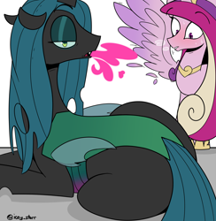 Size: 2774x2844 | Tagged: safe, artist:icey, princess cadance, queen chrysalis, alicorn, changeling, changeling queen, pony, g4, aroused, blushing, bugbutt, butt, changeling overfeeding, chrysalass, female, implied weight gain, large butt, lesbian, lidded eyes, lip bite, plot, ship:cadalis, shipping, simple background, spread wings, the ass was fat, thicc thighs, thick, white background, wide hips, wingboner, wings