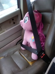 Size: 3120x4160 | Tagged: safe, photographer:silk-rose, pinkie pie, earth pony, pony, g4, car interior, cover, cover art, cute, irl, photo, photography, plushie, pony plushie, safety, seat, seatbelt