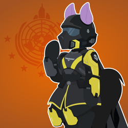 Size: 2086x2080 | Tagged: safe, artist:isaac_pony, oc, oc only, earth pony, pony, semi-anthro, armor, crossover, game, helldivers, helldivers 2, helmet, orange background, simple background, skull, tail