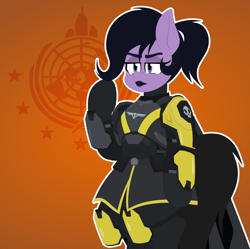 Size: 2086x2080 | Tagged: safe, alternate version, artist:isaac_pony, oc, oc only, earth pony, pony, semi-anthro, armor, black lipstick, crossover, female, game, helldivers, helldivers 2, lipstick, mare, orange background, simple background, skull, solo, tail