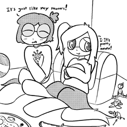 Size: 1020x1020 | Tagged: safe, artist:castafae, oc, oc only, oc:ceiling fan, oc:ichi, satyr, ball, blushing, braces, clothes, dialogue, doll, dork, duo, duo male and female, eyes closed, female, glasses, grayscale, looking away, male, monochrome, parent:oc:anon, parent:oc:floor bored, shy, side ponytail, sitting, skirt, sweater, toy
