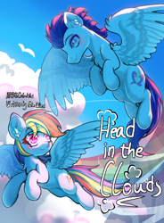 Size: 840x1140 | Tagged: safe, artist:celedash, rainbow dash, soarin', pegasus, fanfic:head in the clouds, fanfic:piercing the heavens, g4, backwards cutie mark, blushing, chest fluff, cloud, duo, eye clipping through hair, eyebrows, eyebrows visible through hair, fanfic art, female, flying, looking at each other, looking at someone, male, mare, raised hoof, romance, ship:soarindash, shipping, smiling, stallion, straight, text