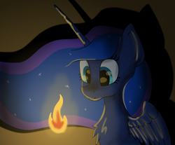 Size: 1304x1080 | Tagged: safe, artist:chevaleto, derpibooru exclusive, princess luna, alicorn, pony, g4, animated, animated png, ethereal mane, fire, loop, partially open wings, perfect loop, solo, wings